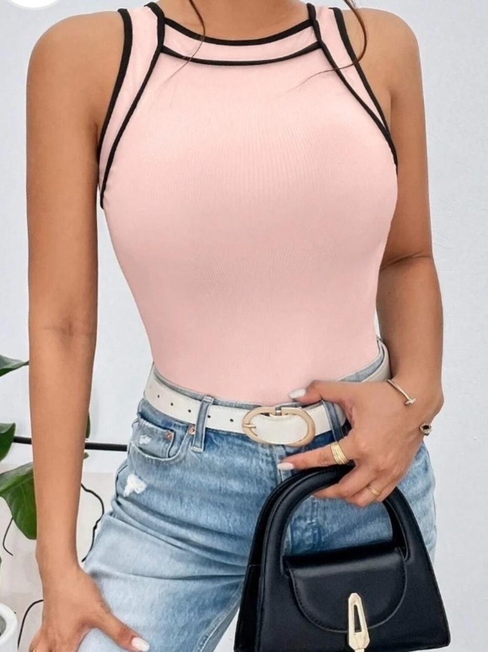 SHEIN Pink Ribbed Tank Top with Black Contrast Trim